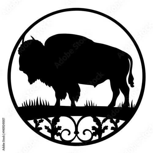 Silhouette of an American Bison in a Circular Decorative Frame Design