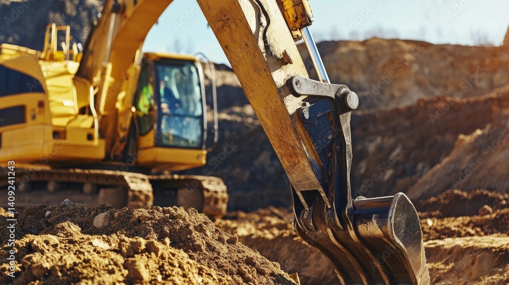 Fototapeta premium Heavy machinery operator controlling an excavator to dig trenches for utilities. Featuring precision and power