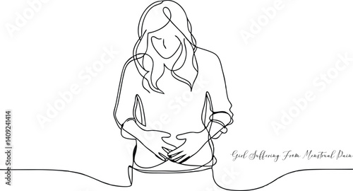 Girl Suffering From Menstrual Pain Continuous One LIne Drawing Minimalist Icon Concept In Editable Stroke Style