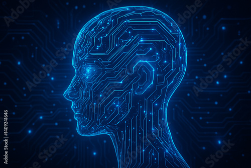 Futuristic artificial intelligence head, high tech style, concept art for AI news or innovation blog