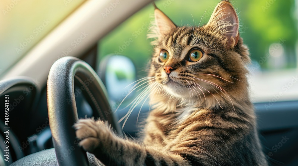 Tabby cat driving a car with paws on steering wheel looking curious outdoors Tabby cat driving a car with paws on steering wheel looking curious outdoors