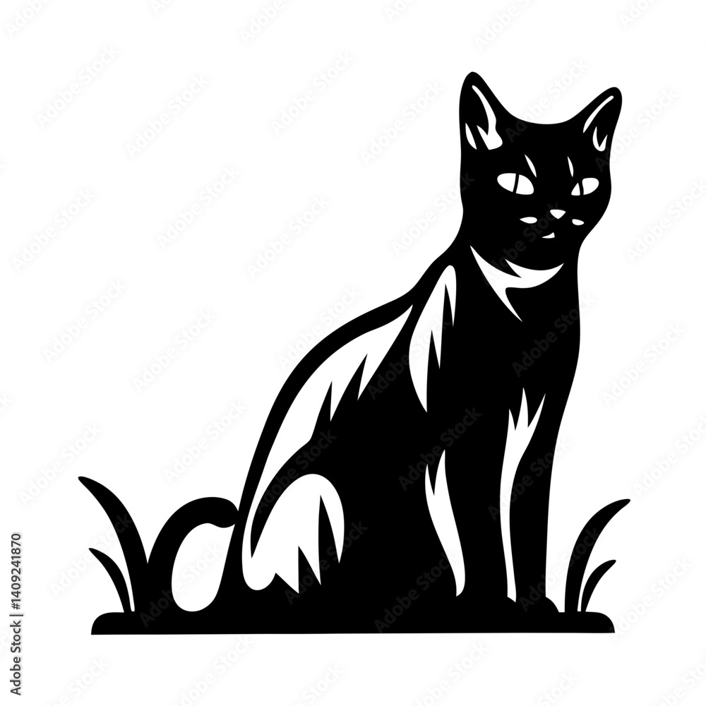 Obraz premium Elegant black and white silhouette of a cat sitting in grass