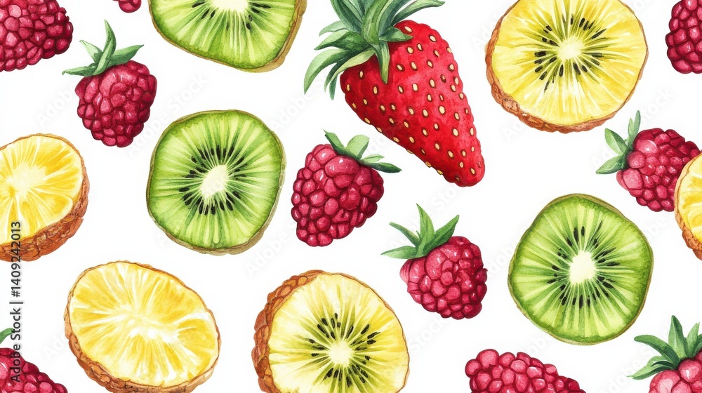 Colorful Hand-Drawn Fruit Pattern with Kiwi, Strawberry, and Raspberry Colorful Hand-Drawn Fruit Pattern with Kiwi, Strawberry, and Raspberry