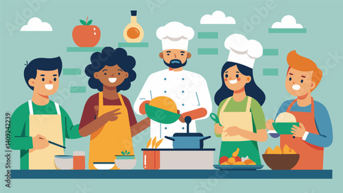 Diners can also participate in a cooking class learning how to create their own fusion dishes and incorporating different cultural influences into their own cooking.. Vector illustration