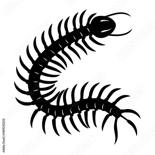 Black silhouette of a centipede arthropod insect with many legs, against white