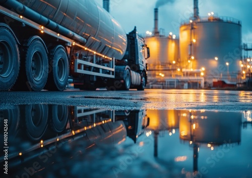 Industrial transport reflections at twilight: A tanker truck at a fuel distribution hub