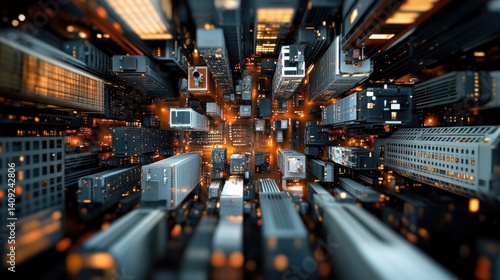 Fototapeta Naklejka Na Ścianę i Meble -  Futuristic aerial view of glowing cityscape with skyscrapers and lights