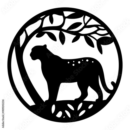 Black panther under a tree in a circular design artwork