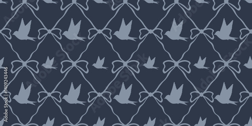 Seamless retro spring trellis pattern with Bows and birds silhouette. Spring Coquette print. Endless Spring background for textile fabric wrapping paper print. Vector illustration. EPS 10
