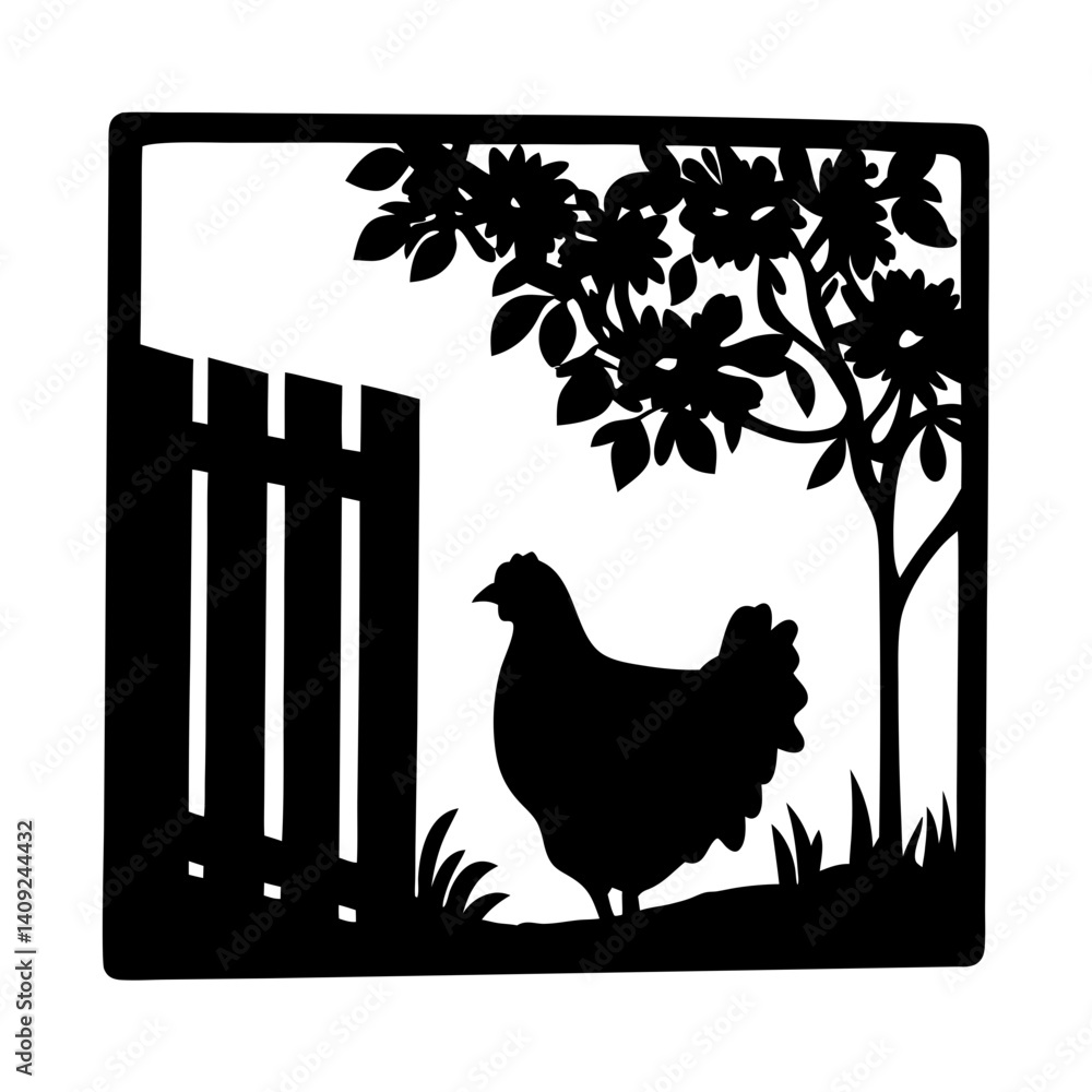 Fototapeta premium Silhouette of a Chicken in a Yard with a Fence and Tree