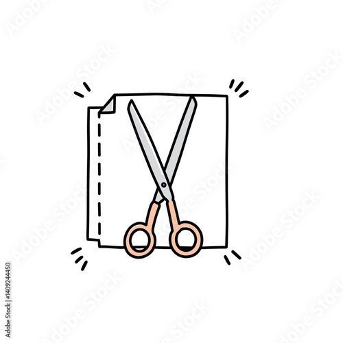 Scissors cutting paper on a white background