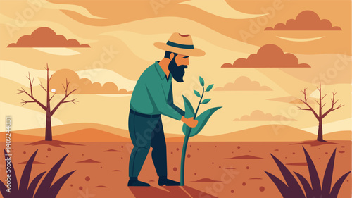 In a sea of barren fields a lone farmer clings to a lifeless plant a symbol of the drought that has plagued his crops and his spirit.. Vector illustration