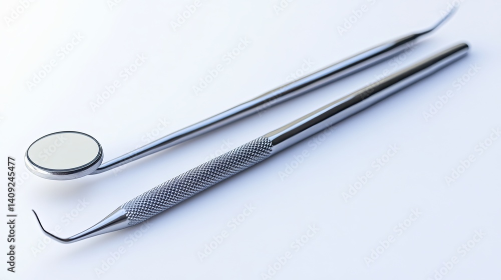 Close-Up of Dental Instruments on a Pristine White Surface Close-Up of Dental Instruments on a Pristine White Surface