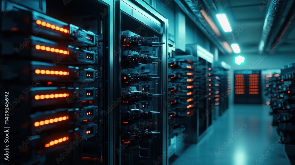 Server racks glowing in a dark data center hallway Server racks glowing in a dark data center hallway