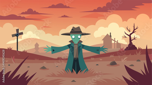 Amidst the ruins of the oncevibrant field the solitary scarecrow remained a somber symbol of the past ods that could no longer sustain modern farming needs.. Vector illustration