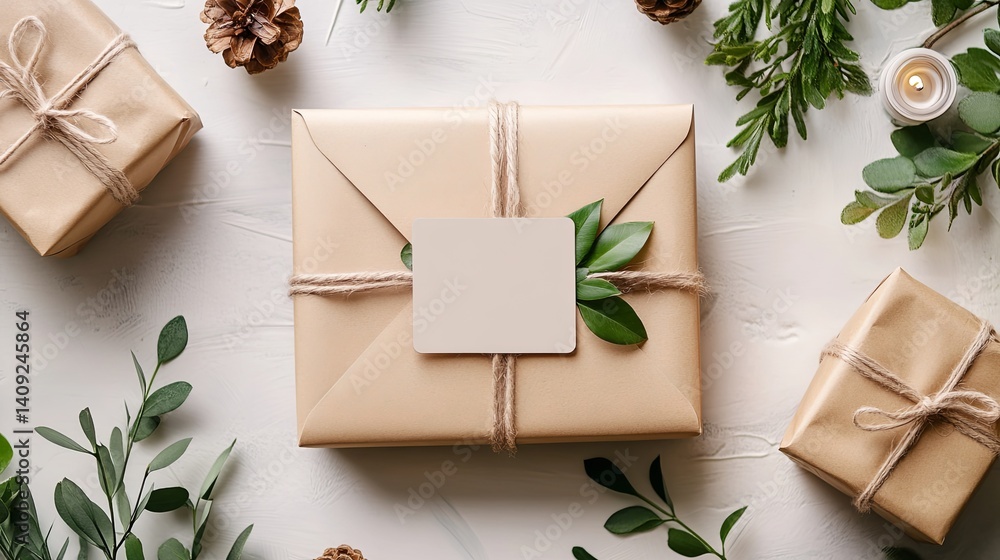 Gift Box with Blank Card Amidst Lush Greenery Gift Box with Blank Card Amidst Lush Greenery