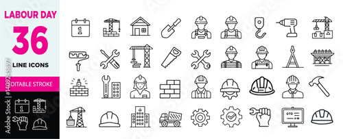 Labor Day Line Icons – 36 Editable Stroke Vector Icons for Construction and Work