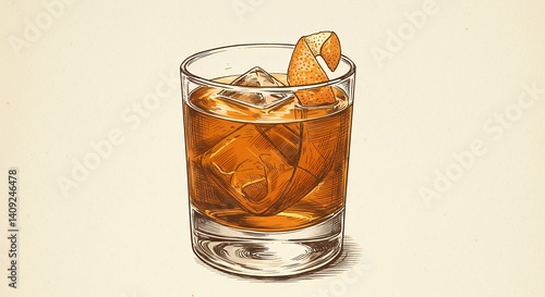 Detailed illustration of an old fashioned cocktail