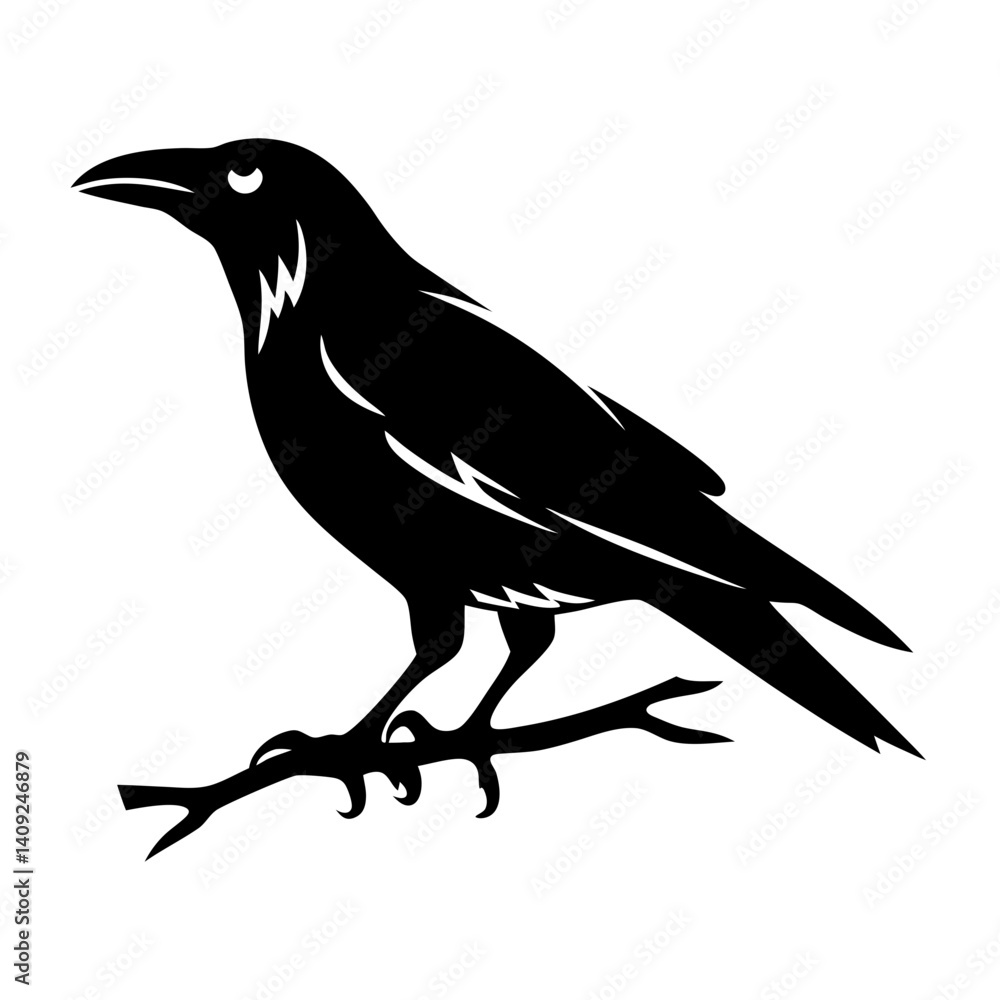 Fototapeta premium A raven perched on a branch, depicted in a black silhouette design