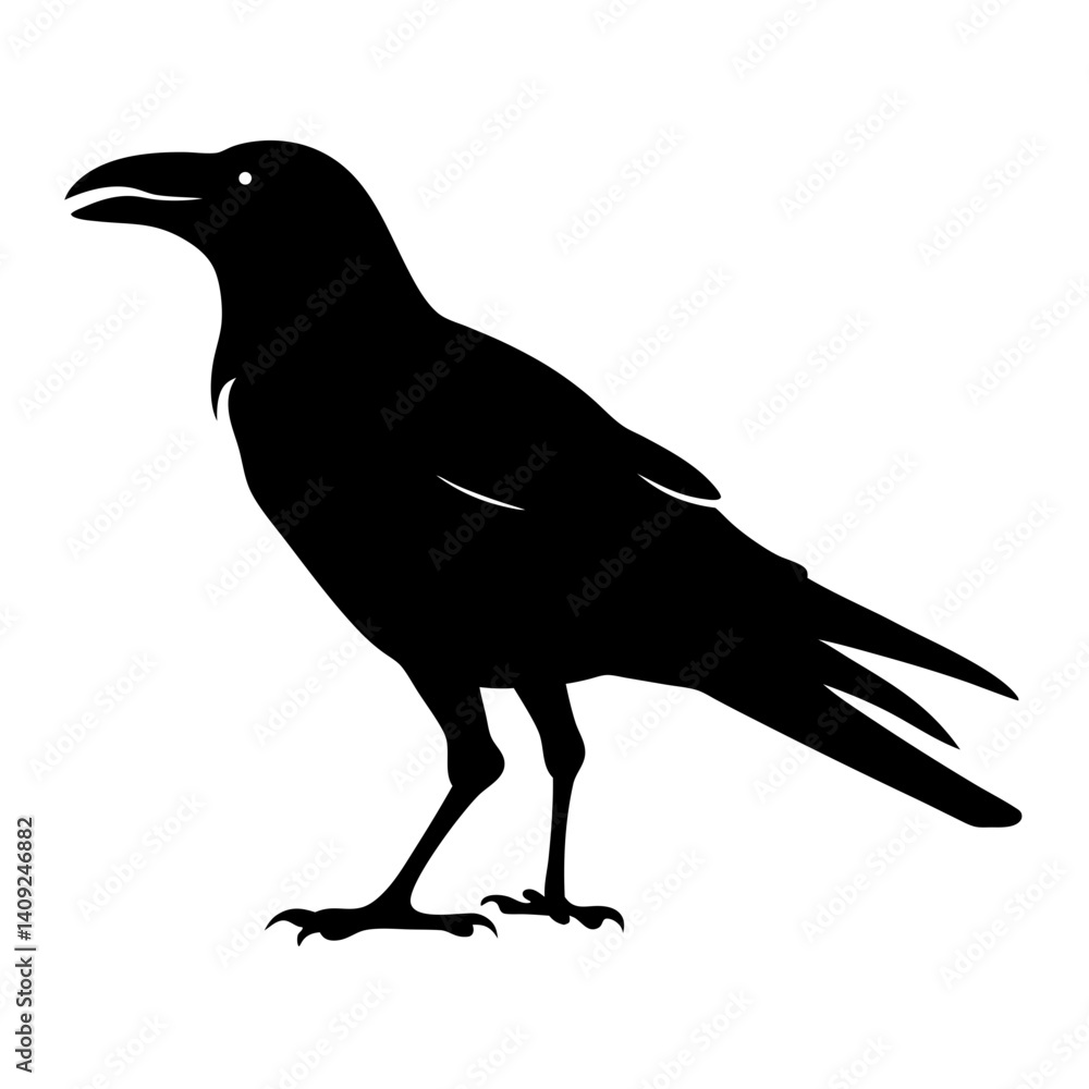 Fototapeta premium Black silhouette of a raven perched against a white background space