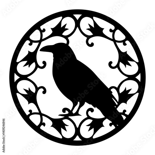 Elegant black raven silhouette within ornate filigree circle design illustration