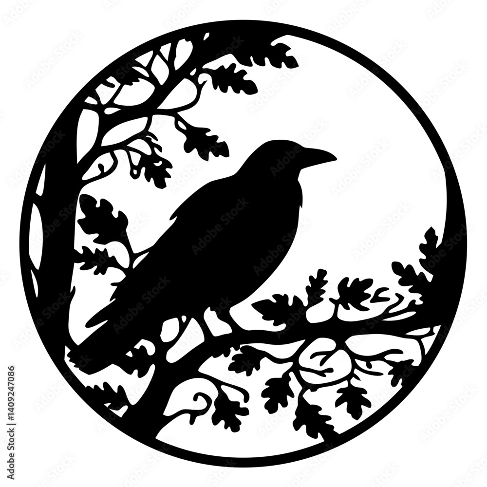 Fototapeta premium A majestic black raven perched on oak branches in a circle design