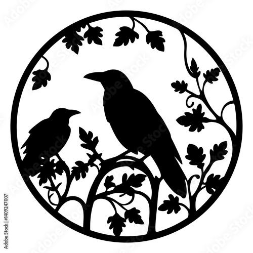 Silhouette of Two Ravens Perched on a Branch within a Circular Frame