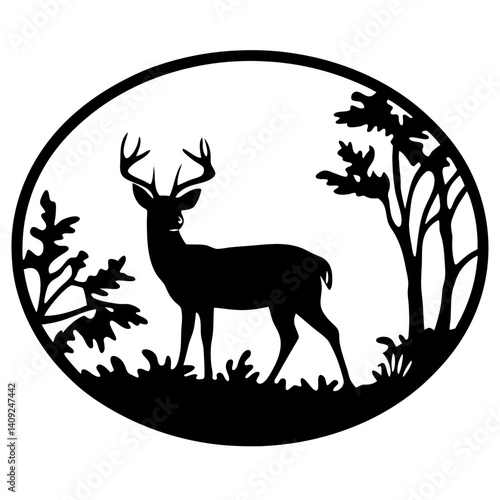 Elegant silhouette of a deer in a forest scene enclosed in circle