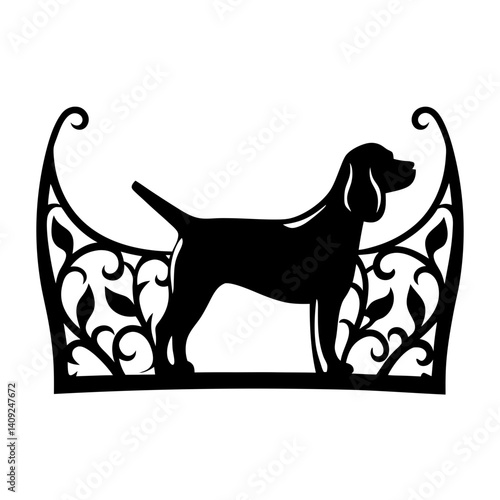 Silhouette of a dog inside of an ornate metal floral frame design