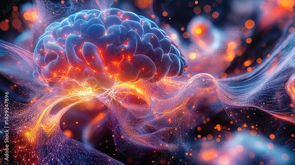 A creative representation of a human brain being repaired with glowing connections and vibrant patterns A creative representation of a human brain being repaired with glowing connections and vibrant patterns