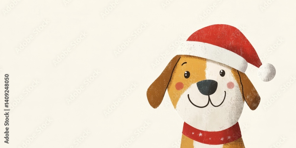 Festive Pup in Santa Hat: A charming illustration depicts a cheerful puppy adorned in a vibrant santa hat and scarf, capturing the warmth and merriment of the holiday season. Festive Pup in Santa Hat: A charming illustration depicts a cheerful puppy adorned in a vibrant santa hat and scarf, capturing the warmth and merriment of the holiday season.