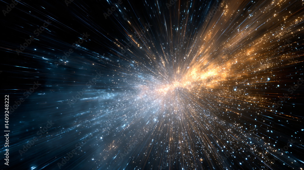 Fototapeta premium Hyperjump through hyperspace, burst in outer space, light speed, abstract cosmic burst with blue, golden and red shining particles for digital art, poster and science.