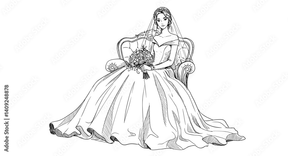 Fototapeta premium Bride sitting gracefully on a vintage chair in elegant attire 