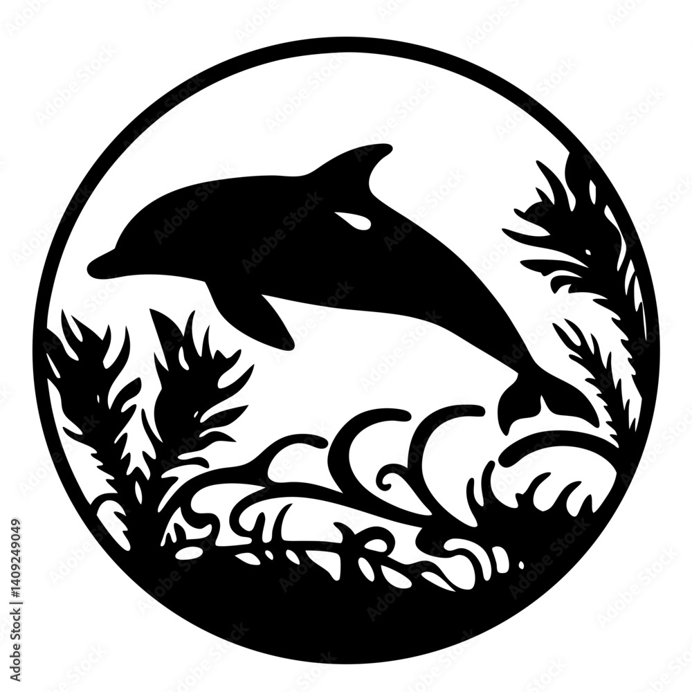 Fototapeta premium Silhouette Dolphin Leaping Through Seaweed Circle Art for Ocean Lovers