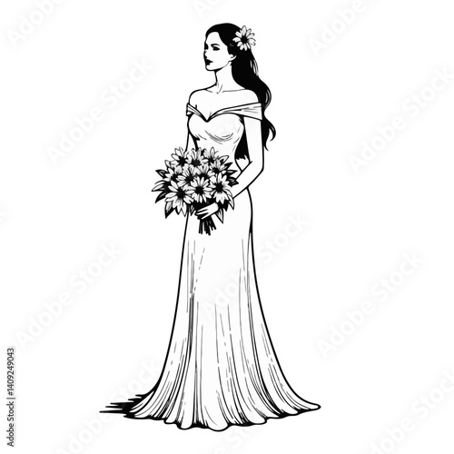 Bride holding a tropical bouquet in a wedding gown illustration  