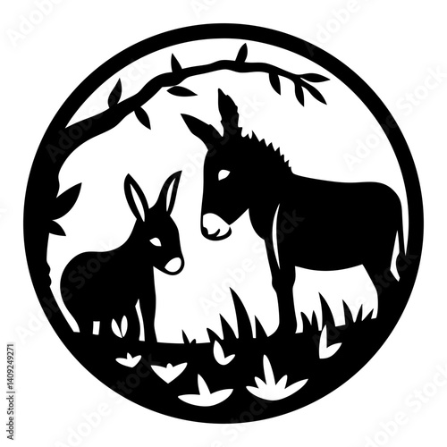 Silhouette illustration of a mother donkey and her foal in nature