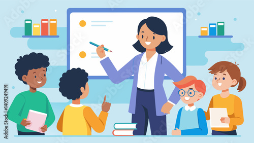 Obraz na płótnie A teacher demonstrates how to use a digital whiteboard as students eagerly take turns writing and manipulating the content.. Vector illustration w salonie