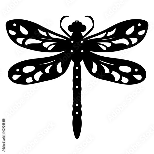 Elegant Black Silhouette of a Dragonfly with Intricate Wing Designs, Insect Art