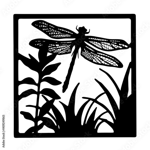 Elegant Black and White Dragonfly Silhouette Amidst Foliage in a Square Frame