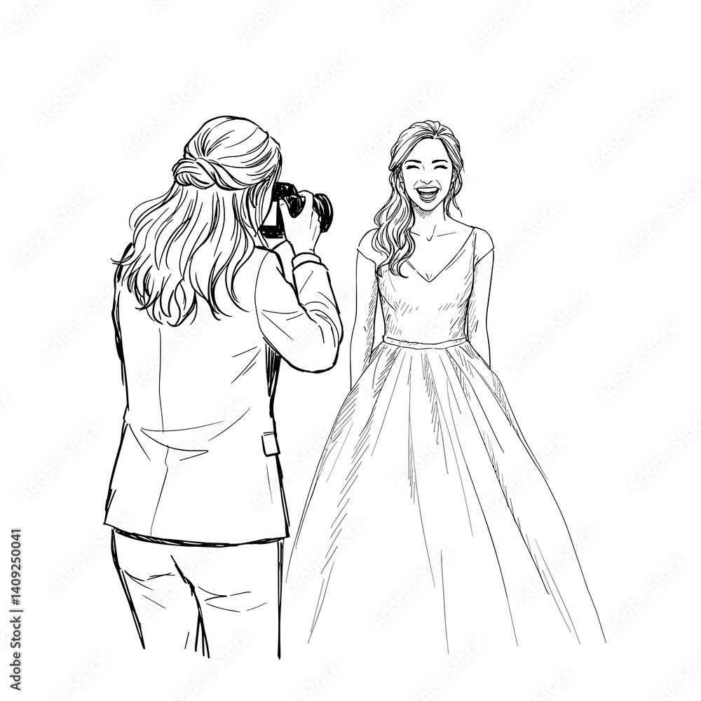 Fototapeta premium Photographer directing happy bride during wedding photoshoot 