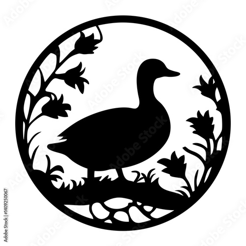 Silhouette of a Duck with Flowers in a Circular Frame Design