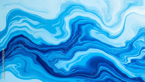 Abstract fluid waves in vibrant shades of blue, creating a dynamic sense of motion and depth. Smooth flowing patterns blend seamlessly, perfect for modern branding, creative backgrounds, and digital a