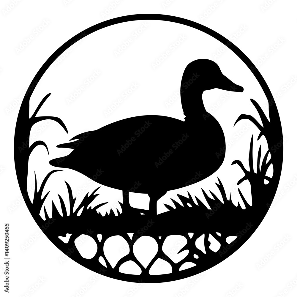 Obraz premium Elegant Silhouette of a Duck Surrounded by Nature in a Circular Frame