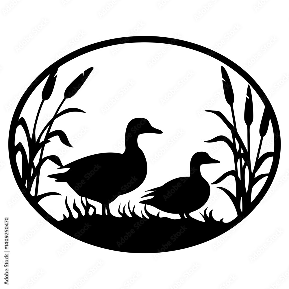 Elegant silhouette design of two ducks in a pond landscape scene Elegant silhouette design of two ducks in a pond landscape scene