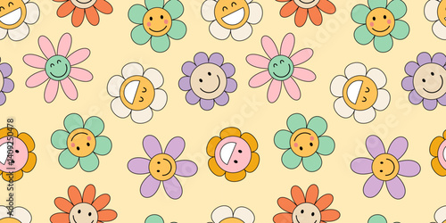 Retro groovy flower seamless pattern. Cartoon flowers set with different faces. Hippie flowers. Retro 70s banner. Psychedelic groovy background