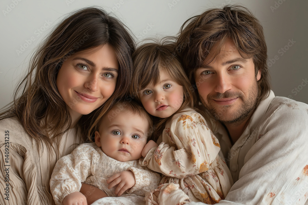 A heartwarming scene of a family portrait set against a clean white background. A heartwarming scene of a family portrait set against a clean white background.