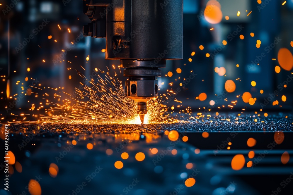 Industrial equipment working on metal, producing bright and intense sparks Industrial equipment working on metal, producing bright and intense sparks