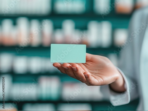 Pharmacy Professional Presenting Blank Business Card for Healthcare Branding in a Retail Medical Facility
