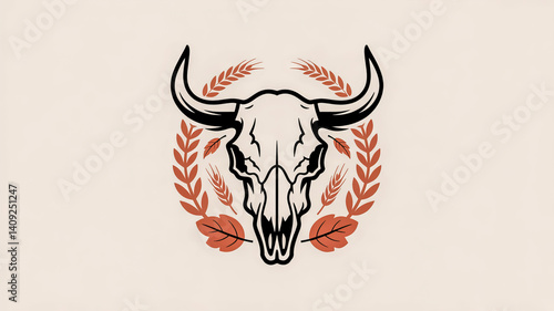 Bull skull logo with fall leaves and wheat, rustic western style, monochrome with burnt orange accents