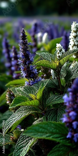 Close-up of purple flowers with green leaves in a garden setting.